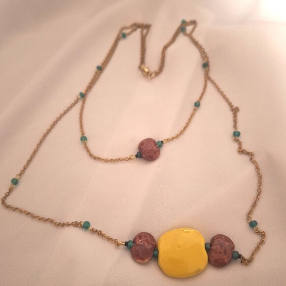 Artisan Double Strand Gold Chain Kazuri Kenyan Ceramic Bead Necklace - Picture 1 of 6